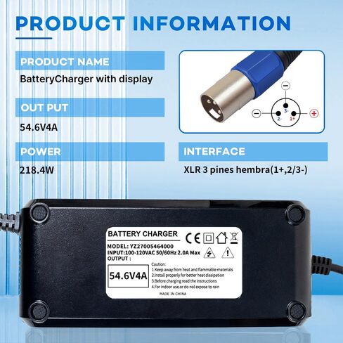 YZPOWER 48V Lithium Battery Charger,54.6 Volt 4A Power Supply Adapter Smart Fast Charging with Display for 48 Volt 13s Lithium Pack Built in Fan (54.6V 2A B) in Saudi Arabia