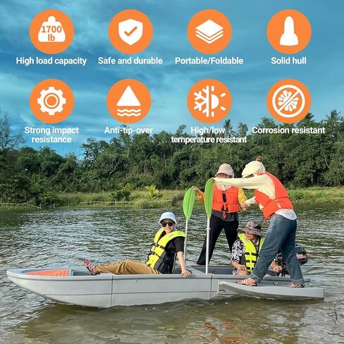 Portable Fishing Boat with Foldable Modular, Fits in SUVs and Pickup Trucks, 1700lb Capacity Pontoon Boat for 3-6 Adults, Won't Capsize or Sink, Supports Motor, Ideal for Angling and Rescuing, Gray in Saudi Arabia