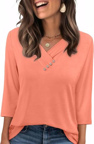 SAMPEEL V Neck Blouses for Women Dressy Casaul 3/4 Length Sleeve Womens Tops Button Down Shirts in Saudi Arabia