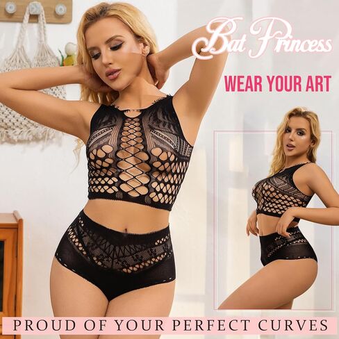 Women Fishnet Lingerie Sets Sexy Two Piece Outfits Free Size Bodysuit Exotic See Through Lingerie for Women Black in Saudi Arabia