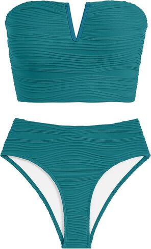 ZAFUL Womens Bandeau Bikini Set Strapless Textured Two Piece Lace up Bathing Suits High Waisted V-Neck Swimsuits in Saudi Arabia