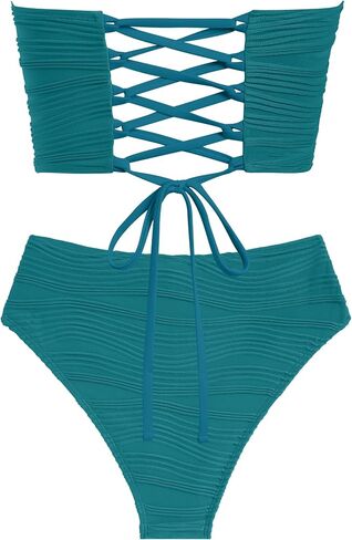 ZAFUL Womens Bandeau Bikini Set Strapless Textured Two Piece Lace up Bathing Suits High Waisted V-Neck Swimsuits in Saudi Arabia