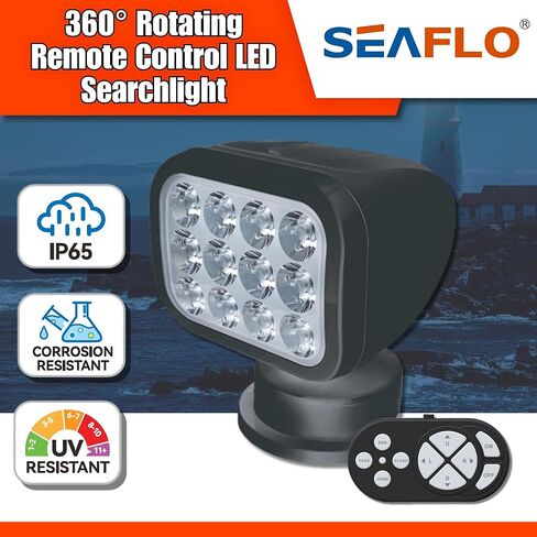 SEAFLO 360° Rotating Remote Control LED Searchlight, 10-30V, Auto-Reset, IP66 Waterproof, Marine Spotlight for Boats, Truck, Vehicles, CE & Rohs Certified (Wired Remote/White/White Light 5500K) in Saudi Arabia