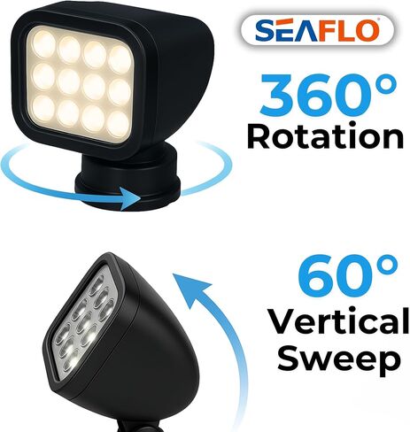SEAFLO 360° Rotating Remote Control LED Searchlight, 10-30V, Auto-Reset, IP66 Waterproof, Marine Spotlight for Boats, Truck, Vehicles, CE & Rohs Certified (Wired Remote/White/White Light 5500K) in Saudi Arabia