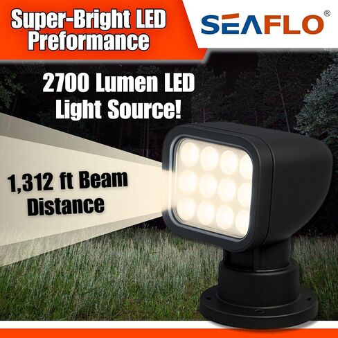 SEAFLO 360° Rotating Remote Control LED Searchlight, 10-30V, Auto-Reset, IP66 Waterproof, Marine Spotlight for Boats, Truck, Vehicles, CE & Rohs Certified (Wired Remote/White/White Light 5500K) in Saudi Arabia