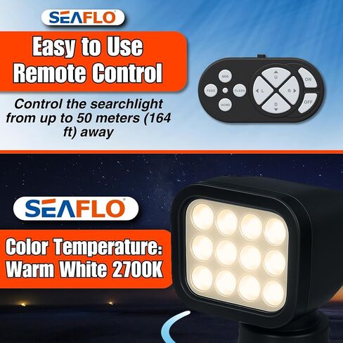 SEAFLO 360° Rotating Remote Control LED Searchlight, 10-30V, Auto-Reset, IP66 Waterproof, Marine Spotlight for Boats, Truck, Vehicles, CE & Rohs Certified (Wired Remote/White/White Light 5500K) in Saudi Arabia