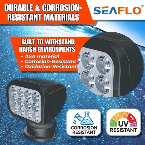 SEAFLO 360° Rotating Remote Control LED Searchlight, 10-30V, Auto-Reset, IP66 Waterproof, Marine Spotlight for Boats, Truck, Vehicles, CE & Rohs Certified (Wired Remote/White/White Light 5500K) in Saudi Arabia