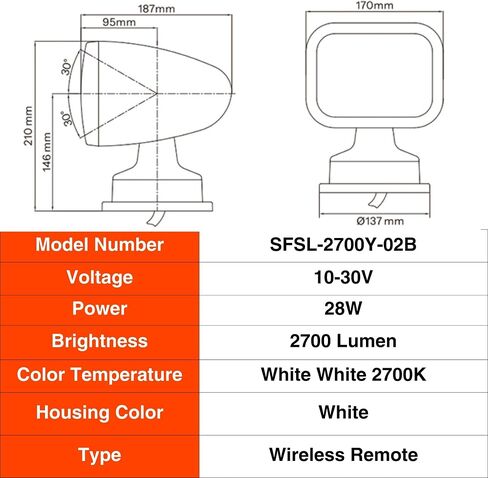 SEAFLO 360° Rotating Remote Control LED Searchlight, 10-30V, Auto-Reset, IP66 Waterproof, Marine Spotlight for Boats, Truck, Vehicles, CE & Rohs Certified (Wired Remote/White/White Light 5500K) in Saudi Arabia