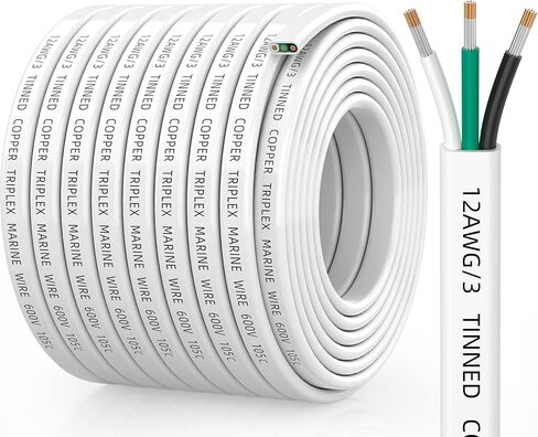 12 Gauge Marine Wire, 12/3 Triplex Marine Grade Cable, IP68 Waterproof/Oxygen-Free Tinned Copper Stranded PVC 12 AWG Wire for Boat, Automotive, RV, Solar, LED Strips (50FT/15M) in Kuwait
