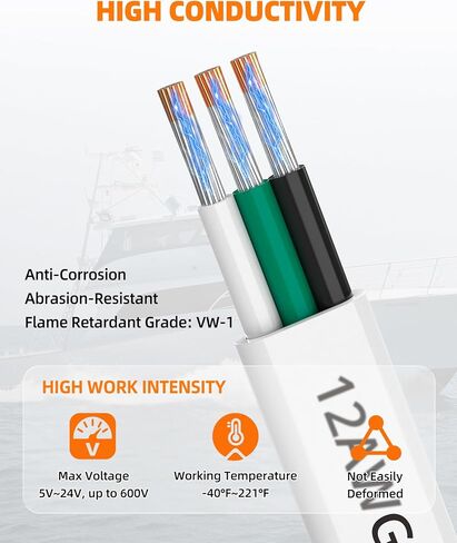 12 Gauge Marine Wire, 12/3 Triplex Marine Grade Cable, IP68 Waterproof/Oxygen-Free Tinned Copper Stranded PVC 12 AWG Wire for Boat, Automotive, RV, Solar, LED Strips (50FT/15M) in Kuwait