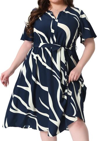 Agnes Orinda Plus Size Dress for Women Short Sleeve Notched V Neck Belt Summer Midi Dresses with Pockets in Kuwait