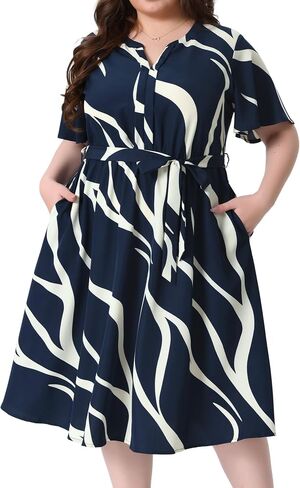 Agnes Orinda Plus Size Dress for Women Short Sleeve Notched V Neck Belt Summer Midi Dresses with Pockets in Kuwait