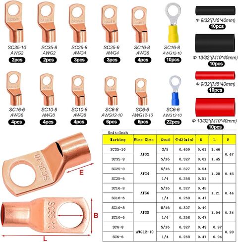 تنتهي كبل البطارية Taiss 160pcs ، العروات الأسلاك النحاسية ، AWG 2/4/6/8/10/12 Gauge Copper Lugs تشكيلة ، موصلات حلقة النحاس مع تقليص الحرارة in Saudi Arabia