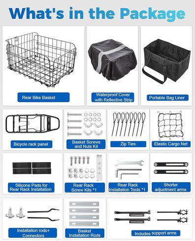 Rear Bike Rack with Basket- Bicycle Cargo Rack with Waterproof Cover, Liner and Cargo Net, Bike Storage Basket for 26" - 29" and 700c Bikes in Saudi Arabia