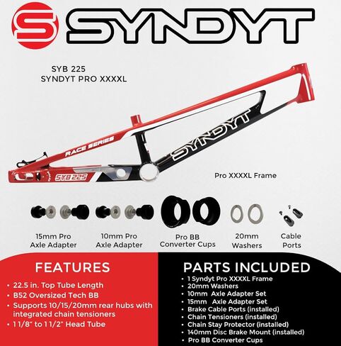 225 Pro 4XL BMX Racing Bike Frame – 22.5" Top Tube, 6061-T6 Aluminum (4.19 lbs), Tapered 42/52 Head Tube, B52 Tech BB, 10/15/20mm Hubs, 140mm Disc Brake, Chain Tensioners – Bicycle Frame in Kuwait