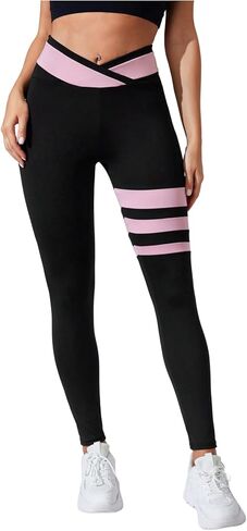Floerns Women's Contrast Striped Asymmetrical Waist Leggings Workout Sports Skinny Pants in Saudi Arabia