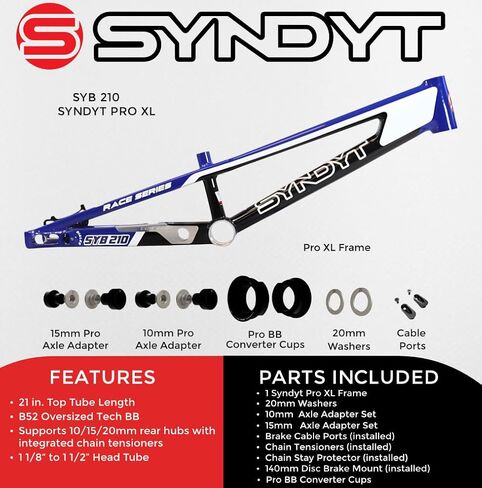 210 Pro XL BMX Racing Bike Frame-21 "Top Tube ، 6061-T6 Aluminium (4.05 رطل) ، مدبب 42/52 أنبوب الرأس ، B52 Tech BB ، 10/15/20mm محاور ، فرامل القرص 140 ملم ، توتر سلسلة-إطار للدراجات. in Kuwait