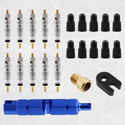 Presta Valve Core Repair Kit, Including 10 Valve Core 10 Cover Brass Screws Plastic Buckle & Installation Tools for Tubeless Road MTB Bike Tires in Saudi Arabia