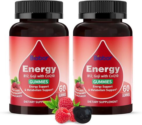 Natural Energy Gummies with Vitamin B12, Goji, Co Q10, Energy Support & Metabolism Support Chewable Supplement,GMO Free, Gluten Free (Raspberry, 60 Count in Kuwait