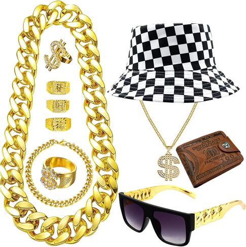 80s 90s Hip Hop Costume Kit Cool Rapper Bucket Hat Accessories Dollar Sign Gold Chain Unisex in Saudi Arabia