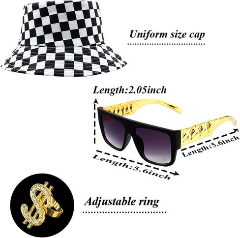 80s 90s Hip Hop Costume Kit Cool Rapper Bucket Hat Accessories Dollar Sign Gold Chain Unisex in Saudi Arabia