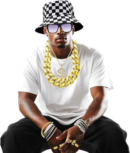 80s 90s Hip Hop Costume Kit Cool Rapper Bucket Hat Accessories Dollar Sign Gold Chain Unisex in Saudi Arabia