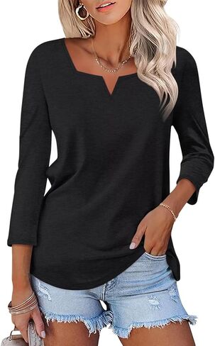 Women's 3/4 Length Sleeve Tops Square V Notched Neck Shirts Casual Summer Blouses in Saudi Arabia