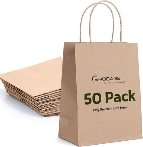 EKOBAGS Elegance Small Bag | Kraft Paper Gift Bags with Handles | Sturdy Brown Paper Bags Bulk for Retail, Shopping, Party Favors & Small Business | Recyclable | 8.6x4x10 inches, 100-Pack in Kuwait