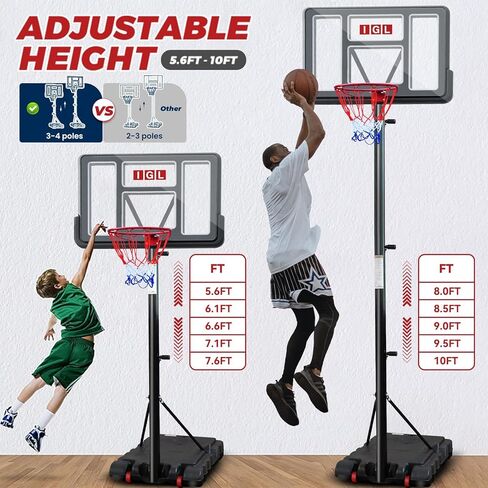 IGL Portable Basketball Hoop, 5.6-10FT Adjustable Basketball Goal System, 40/44 Inch Outdoor Basketball Hoop & Goals for Kids, Youth, and Adults in The Backyard, Driveway with PC Backboard in Kuwait