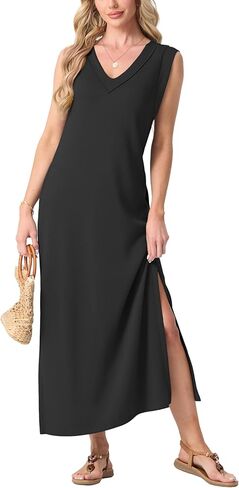 GRECERELLE 2025 Women Summer V-Neck Casual Loose Split Wrinkle-Free Long Maxi Beach Dress with Pockets in Kuwait