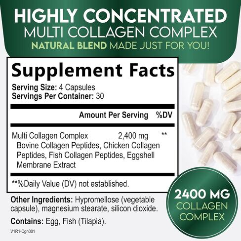 Collagen Peptides for Women & Men - Type I, II, III, V, X Multi Collagen, Hydrolyzed Collagen Supplement Supports Hair, Nail, Skin, Bone and Joint Health with Vital Nutrients & Proteins - 120 Capsules in Saudi Arabia
