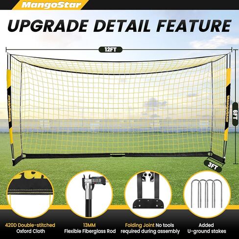 MangoStar Soccer Goal, 12X6 FT Soccer Goal for Backyard Portable Net Collapsible Metal Base, Quick Set Up Soccer Net for Indoor Outdoor Practice Training with Carry Bag in Kuwait