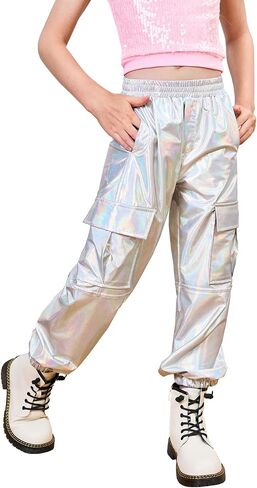 Haloumoning Girls Cargo Cargo Jogger Pants Kids Sparkly Hip Hop Dance ملابس عالية من السراويل in Kuwait