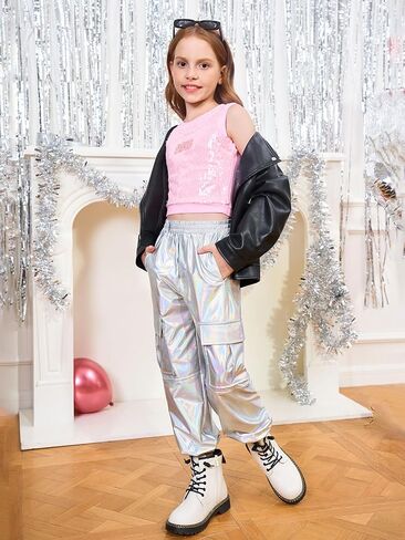 Haloumoning Girls Cargo Cargo Jogger Pants Kids Sparkly Hip Hop Dance ملابس عالية من السراويل in Kuwait