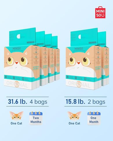 MINISO Clumping Cat Litter, Tofu+Bentonite+Cassava, Odor Control, Rapid Clumping, Water Absorbent and Toilet Flushable, Multi-Cat, Original Style, 15.8lb (2 Pack of 7.9lb Bags) in Kuwait