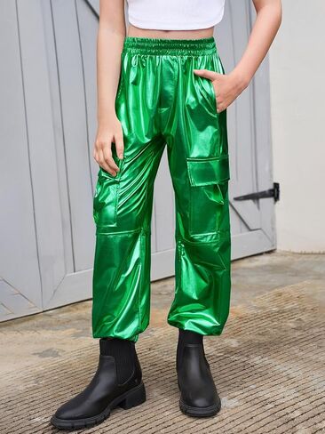 Haloumoning Girls Cargo Cargo Jogger Pants Kids Sparkly Hip Hop Dance ملابس عالية من السراويل in Kuwait
