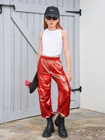 Haloumoning Girls Cargo Cargo Jogger Pants Kids Sparkly Hip Hop Dance ملابس عالية من السراويل in Kuwait
