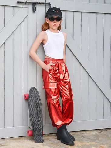 Haloumoning Girls Cargo Cargo Jogger Pants Kids Sparkly Hip Hop Dance ملابس عالية من السراويل in Kuwait