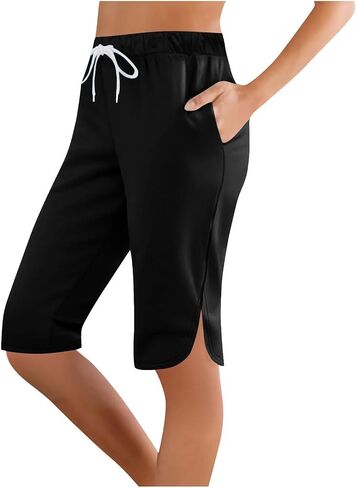 Women's Long Shorts with Pockets Knee Length Hiking Capris Lightweight Drawstring Waist Bermuda Short Pants in Saudi Arabia
