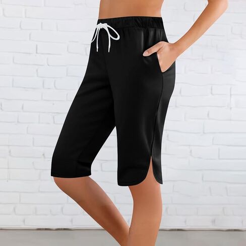 Women's Long Shorts with Pockets Knee Length Hiking Capris Lightweight Drawstring Waist Bermuda Short Pants in Saudi Arabia