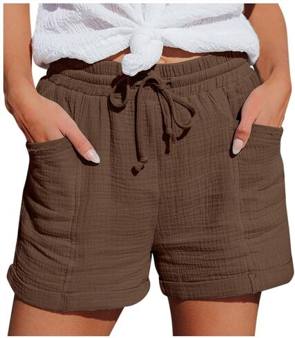 شورتات للنساء الصيفي شاطئ المنتجع ارتداء الرباط مرنة عالية الخصر سراويل صالة غير رسمية مع جيوب in Kuwait