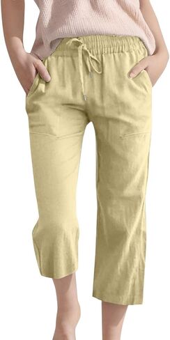 Kids Girls Elastic Waist Capri Pants Toddler Straight Solid Color Casual Drawstring Pants Pockets Loose 3/4 Trousers in Saudi Arabia