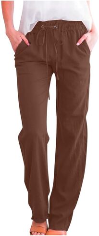 Women's Linen Pant Drawstrings Straight Leg High Waist Trousers Summer Casual Lightweight Breathable Long Pants in Saudi Arabia