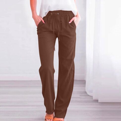 Women's Linen Pant Drawstrings Straight Leg High Waist Trousers Summer Casual Lightweight Breathable Long Pants in Saudi Arabia