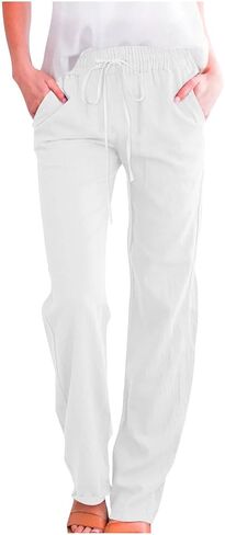 Women's Linen Pant Drawstrings Straight Leg High Waist Trousers Summer Casual Lightweight Breathable Long Pants in Saudi Arabia