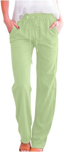 Women's Linen Pant Drawstrings Straight Leg High Waist Trousers Summer Casual Lightweight Breathable Long Pants in Saudi Arabia