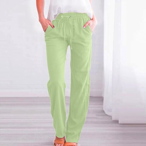 Women's Linen Pant Drawstrings Straight Leg High Waist Trousers Summer Casual Lightweight Breathable Long Pants in Saudi Arabia
