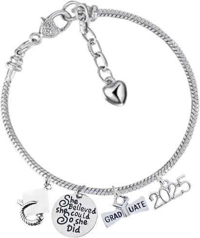 Infinity Collection Silver Stainless Steel Beaded Adjustable Bracelet with Graduation Charms – She Believed She Could So She Did, 2025 Graduate Cap & Diploma – Gift for Graduates in Saudi Arabia