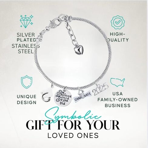 Infinity Collection Silver Stainless Steel Beaded Adjustable Bracelet with Graduation Charms – She Believed She Could So She Did, 2025 Graduate Cap & Diploma – Gift for Graduates in Saudi Arabia
