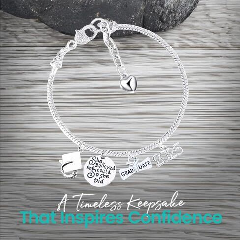 Infinity Collection Silver Stainless Steel Beaded Adjustable Bracelet with Graduation Charms – She Believed She Could So She Did, 2025 Graduate Cap & Diploma – Gift for Graduates in Saudi Arabia